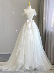 White Tulle Strapless Pleats Bow Wedding Dresses