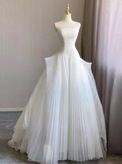 White Tulle Strapless Pleats Brides Wedding Dresses