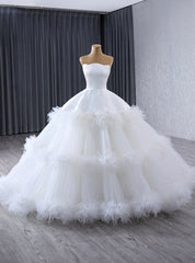 White Tulle Strapless Tiers Feather Wedding Dresses