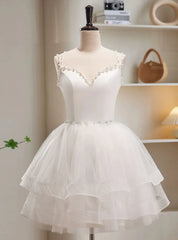 White Tulle Straps Pearls Backless Homecoming Dresses