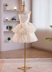 White Tulle Straps Short Graduation Dresses, White Tulle Sweetheart Prom Dresses