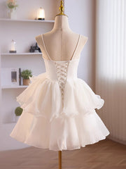 White Tulle Straps Short Graduation Dresses, White Tulle Sweetheart Prom Dresses