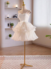 White Tulle Straps Short Graduation Dresses, White Tulle Sweetheart Prom Dresses