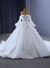 White Tulle Sweetheart 3D Flower Beading Wedding Dresses With Detachable Sleeve