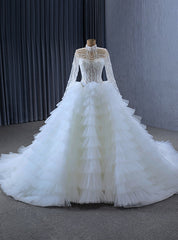 White Tulle Tiers High Neck Long Sleeve Beading Pearls Wedding Dresses