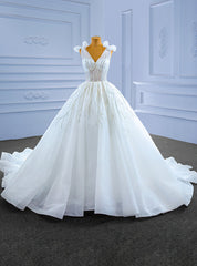 White Tulle V-neck Beading Sequins Wedding Dresses