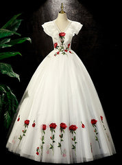 White Tulle V-neck Rose Flower Quinceanera Dresses