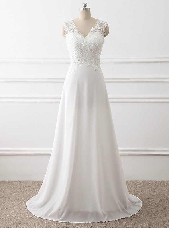 White V-neck Chiffon Lace Beading Wedding Dress