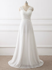 White V-neck Chiffon Lace Beading Wedding Dresses