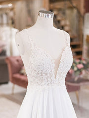 White V Neck Lace Chiffon Long Wedding Dresses, Beach Wedding Dresses