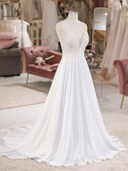 White V Neck Lace Chiffon Long Wedding Dresses, Beach Wedding Dresses