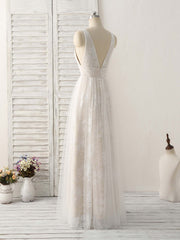 White V Neck Lace Long Prom Dresses Backless Lace Evening Dresses