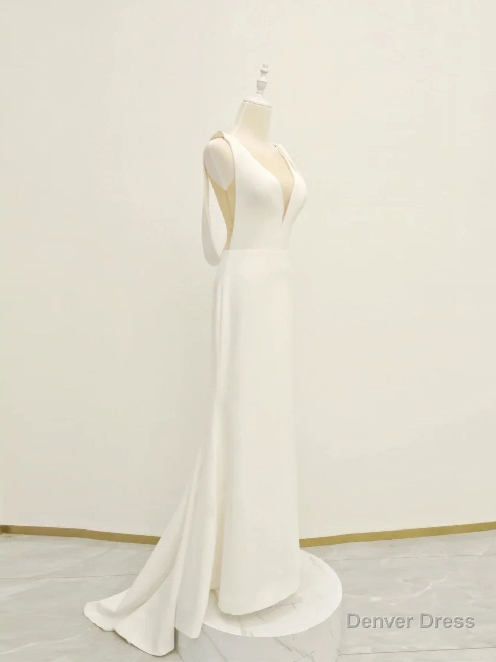 White v neck long prom dress, white evening dress