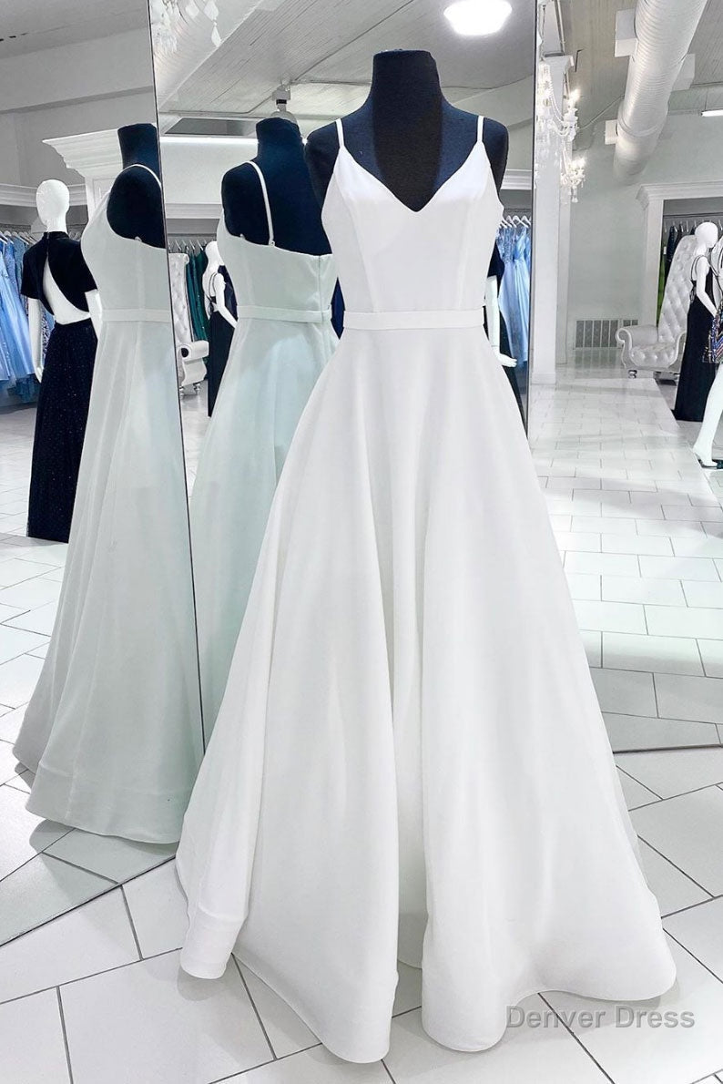 White v neck satin long prom dress white evening dress