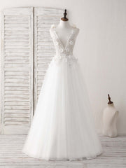 White V Neck Tulle Beads Long Prom Dresses White Evening Dresses