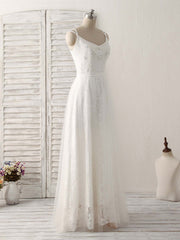 White V Neck Tulle Lace Long Prom Dresses White Evening Dresses