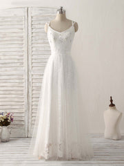 White V Neck Tulle Lace Long Prom Dresses White Evening Dresses