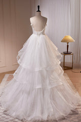 White V-Neck Tulle Long Prom Dresses, A-Line Evening Dresses with Train