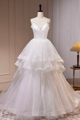 White V-Neck Tulle Long Prom Dresses, A-Line Evening Dresses with Train