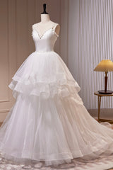 White V-Neck Tulle Long Prom Dresses, A-Line Evening Dresses with Train