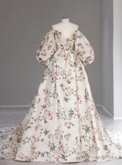 White Vintage Print Puff Sleeve Prom Dress