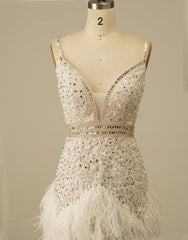 Gorgeous White Spaghetti Straps Beaded Homecoming Dresses With Feather