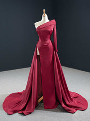 Will Be Available For Purchase Burgundy Mermaid Satin One Shoulder Long Sleeve Pleats Prom Dresses