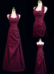 Wine Red A-Line Halter Vintage Style Prom Dresses, Wine Red Long Evening Dresses