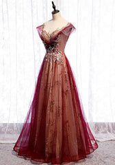 Wine Red Cap Sleeves Tulle with Lace Applique Party Dresses, Wine Red Evening Dresses Prom Dresses