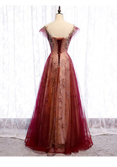 Wine Red Cap Sleeves Tulle with Lace Applique Party Dresses, Wine Red Evening Dresses Prom Dresses