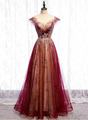 Wine Red Cap Sleeves Tulle with Lace Applique Party Dresses, Wine Red Evening Dresses Prom Dresses