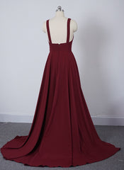 Wine Red Chiffon High Slit Long Party Dresses, Charming Long Straps Bridesmaid Dresses