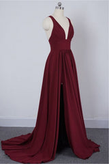 Wine Red Chiffon High Slit Long Party Dresses, Charming Long Straps Bridesmaid Dresses