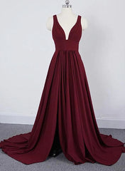 Wine Red Chiffon High Slit Long Party Dresses, Charming Long Straps Bridesmaid Dresses