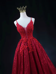 Wine Red Lace Applique Straps V-neckline Party Dresses, Floor Length Wine Red Prom Dresses