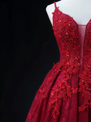 Wine Red Lace Applique Straps V-neckline Party Dresses, Floor Length Wine Red Prom Dresses