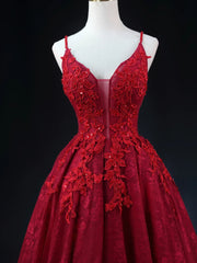 Wine Red Lace Applique Straps V-neckline Party Dresses, Floor Length Wine Red Prom Dresses