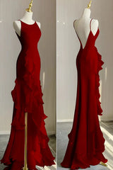 Wine Red Long Round Neckline Low Back, Wine Red Evening Dresses Prom Dresses