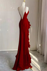 Wine Red Long Round Neckline Low Back, Wine Red Evening Dresses Prom Dresses