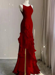 Wine Red Long Round Neckline Low Back, Wine Red Evening Dresses Prom Dresses