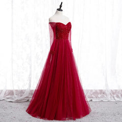 Wine Red Long Sleeves Beaded Tulle Evening Gown A-line Wine Red Long Prom Dresses prom Dresses shops