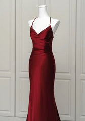 Wine Red Mermaid Backless Long Evening Dresses, Wine Red Long Prom Dresses