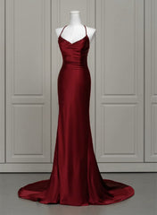 Wine Red Mermaid Backless Long Evening Dresses, Wine Red Long Prom Dresses