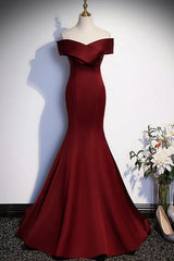 Wine Red Mermaid Long Prom Dresses, Off the Shoulder V-Neck Wedding Party Dresses