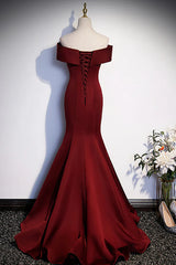 Wine Red Mermaid Long Prom Dresses, Off the Shoulder V-Neck Wedding Party Dresses