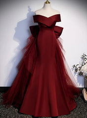 Wine Red Mermaid Long Prom Dresses, Off the Shoulder V-Neck Wedding Party Dresses