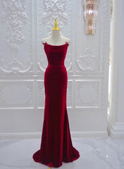 Wine Red Mermaid Straps Long Evening Dresses, Wine Red Velvet Party Dresses