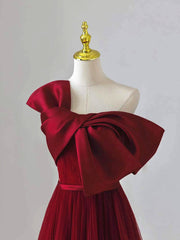 Wine Red Satin and Tulle A-line Simple Prom Dresses, Floor Length Party Dresses