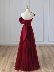 Wine Red Satin and Tulle A-line Simple Prom Dresses, Floor Length Party Dresses