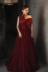 Wine Red Satin and Tulle A-line Simple Prom Dresses, Floor Length Party Dresses